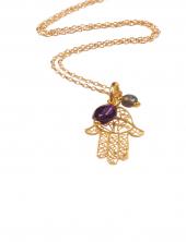 mbPFatimaAmLongGP (Long Gold Plated Necklace with Fatima Hand and Amazonite or Amethyst)