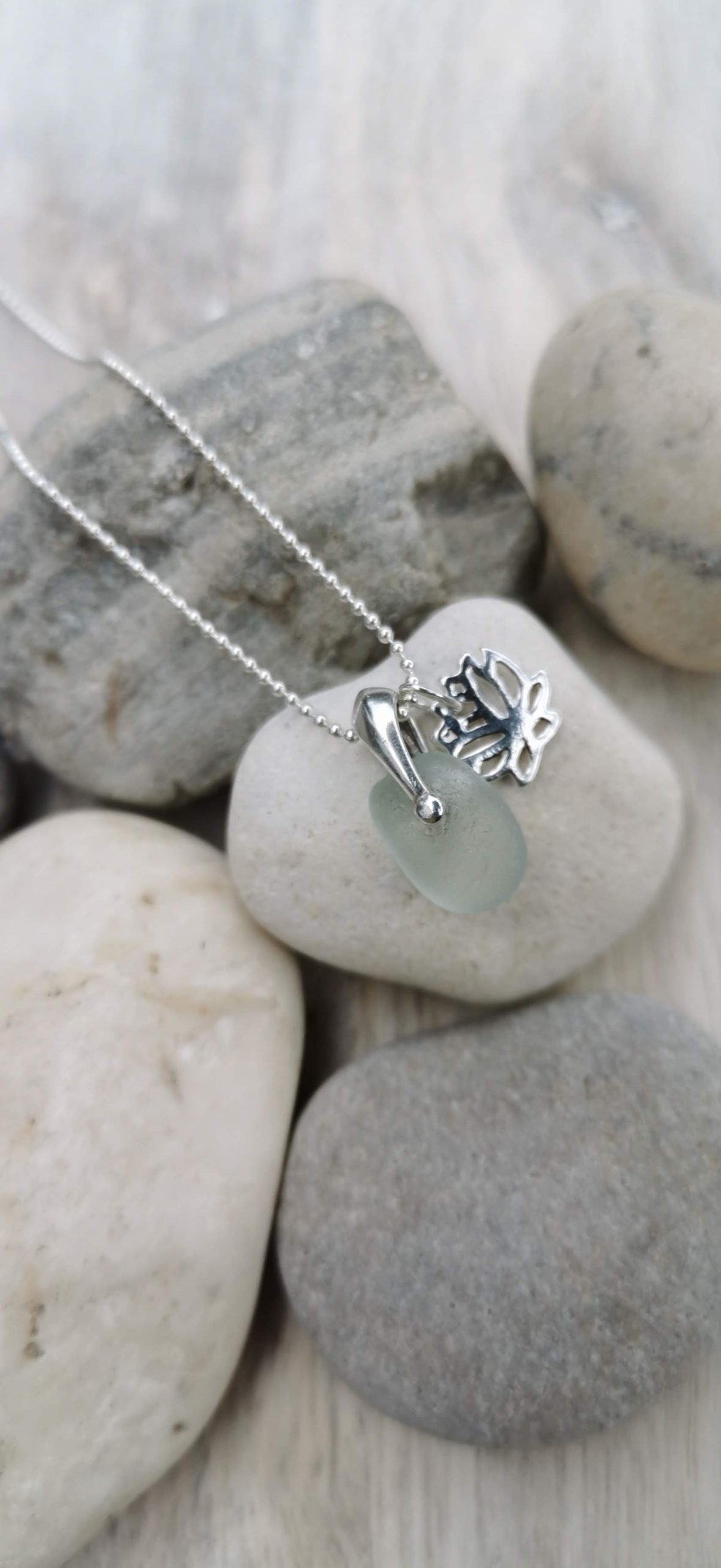 Natural Seaglass Pendant with Lotus Leaf Charm - Image 3