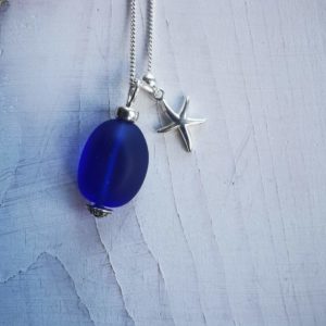 Boho Silver Seaglass Pendant Necklace with Starfish Charm