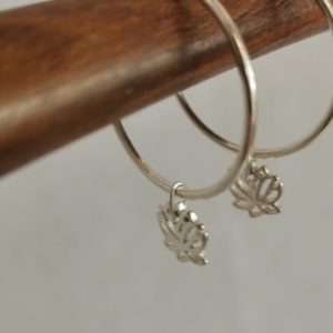 Silver Hoop Earrings with Lotus Leaf Charms