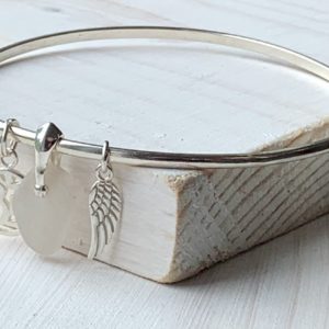 Silver Bangle with Seaglass, OM & Angel Wing Charms