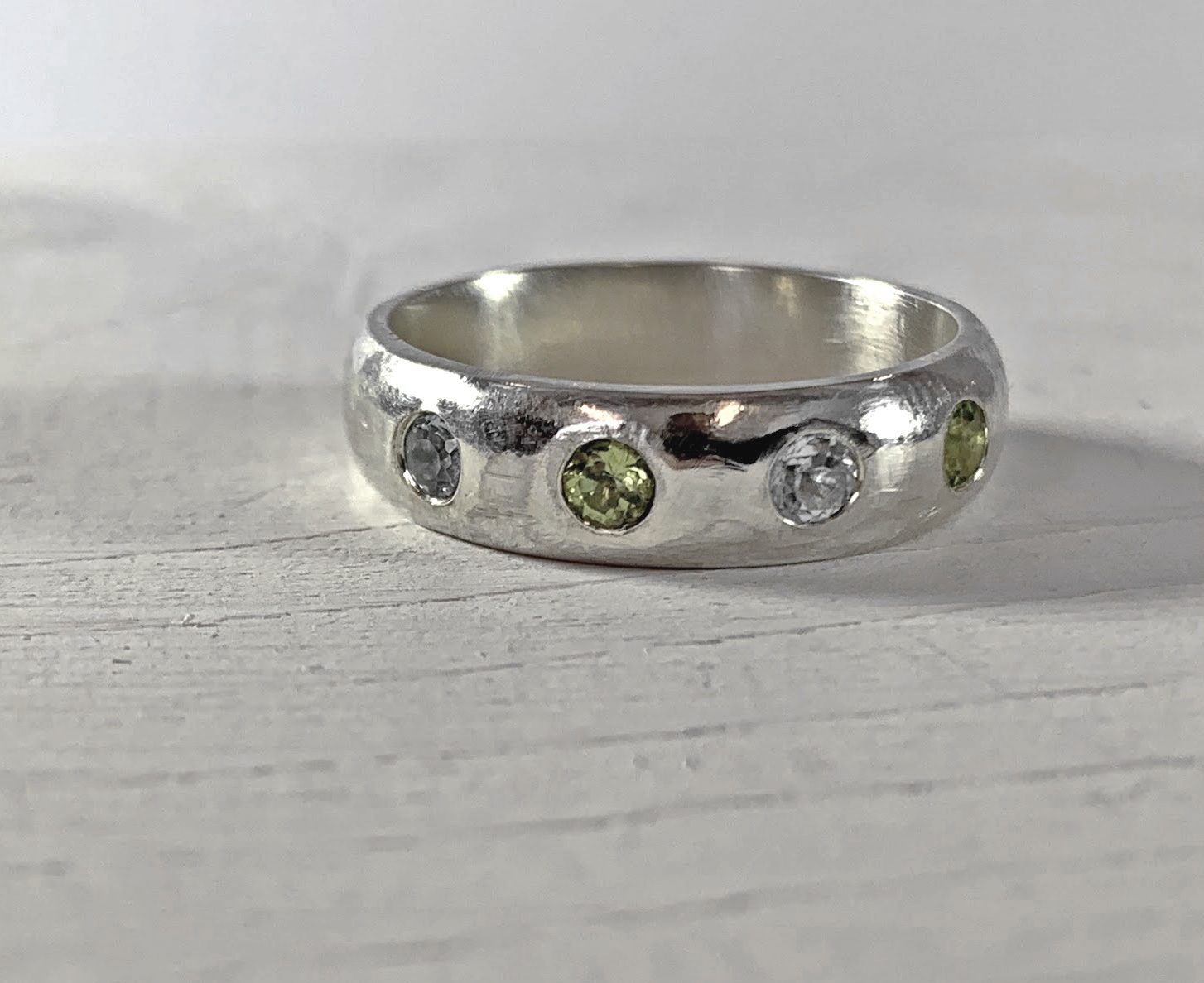 Chunky Sterling Silver Ring with Flush Set Gemstones