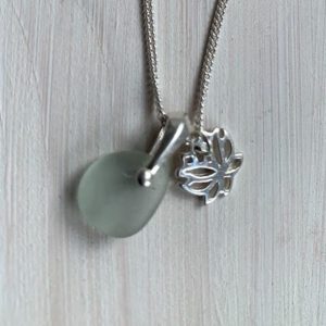 Natural Seaglass Pendant with Lotus Leaf Charm