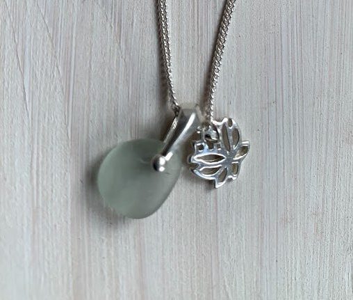 Natural Seaglass Pendant with Lotus Leaf Charm