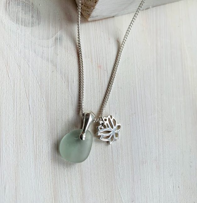 Natural Seaglass Pendant with Lotus Leaf Charm - Image 2