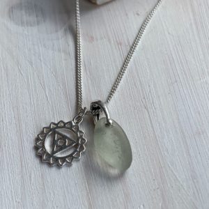 Natural Seaglass Pendant with Sterling Silver Chakra Charm