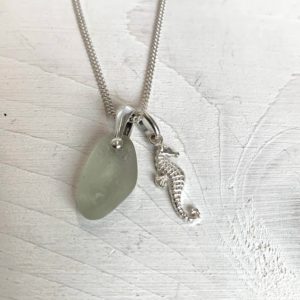 Natural Seaglass Pendant with Sterling Silver Seahorse Charm