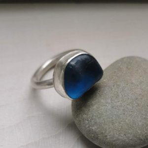 Blue Seaglass Chunky Silver Ring
